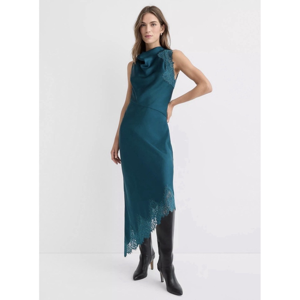 Loft Women's Green Lace Trim Satin Bias Midi Dress‎ Cowl Neck Size 00P New $110